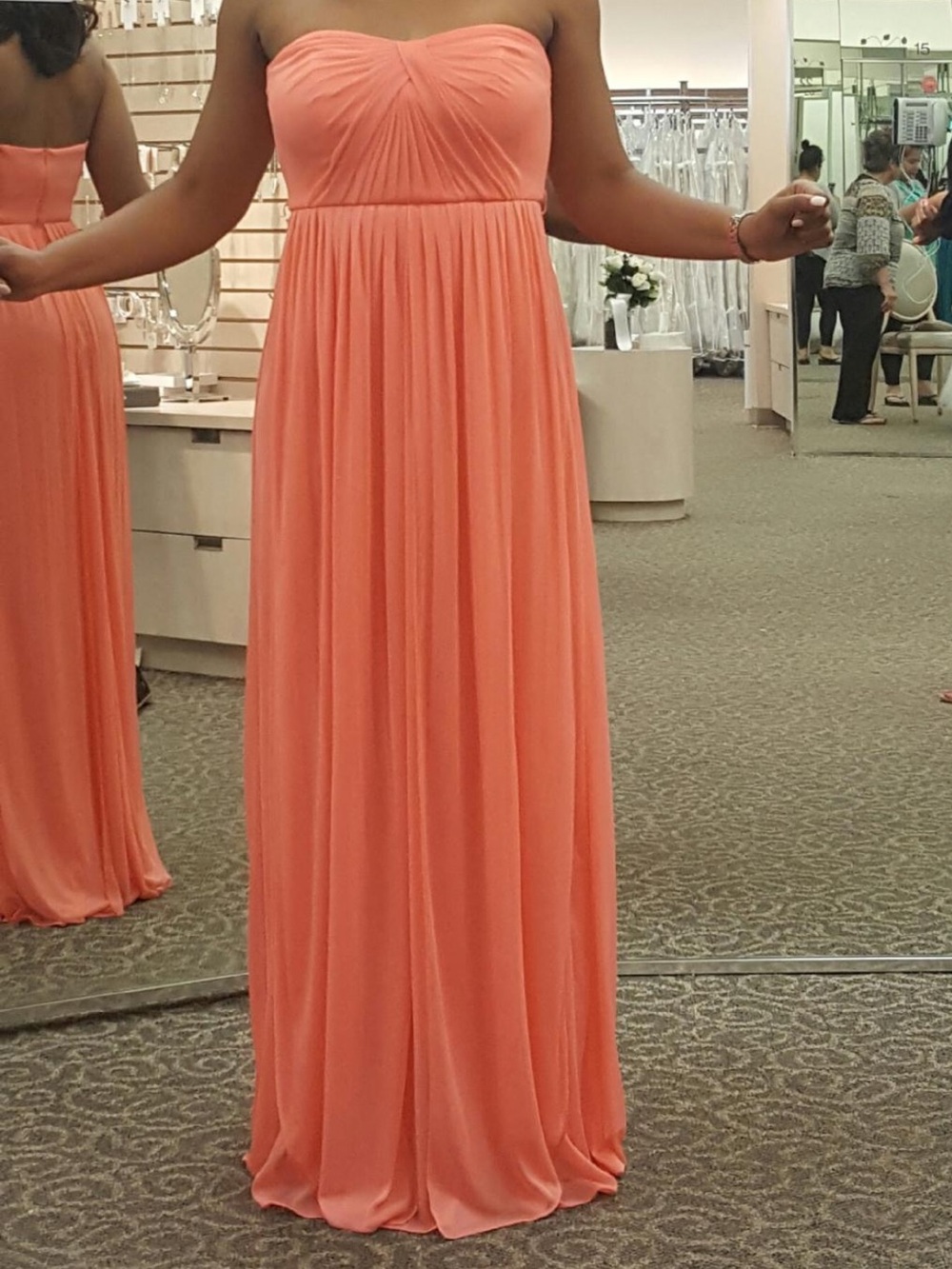 David's Bridal Strapless Coral Maxi Dress